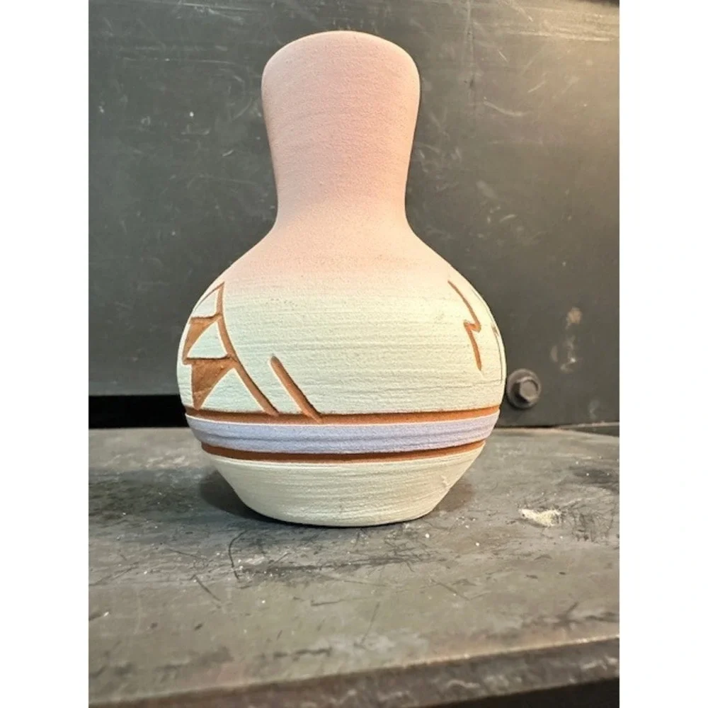 Sun Fox Southwestern Pottery Bud Vase Hand Etched Pink Yellow Geometric 4.5 Inch